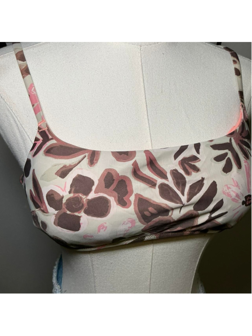 Aerie Real Good Floral Bikini Top Brown Pink Swim Top Size Medium - Picture 2 of 4
